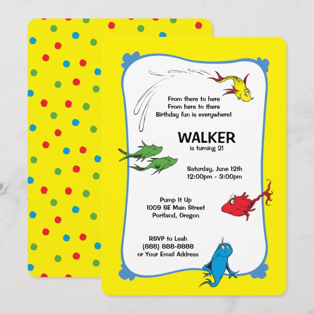 En fisk två fisk - första födelsedag inbjudningar (Fram/baksida)