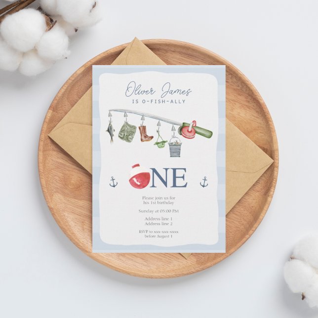 En fiskande 1:a pojkens födelsedag inbjudningar (Skapare uppladdad)