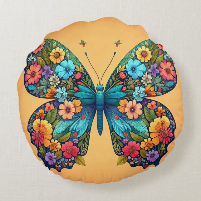 En fjäril med vingar Pillow, häpnadsväckande bloms Rund Kudde (Baksidan)