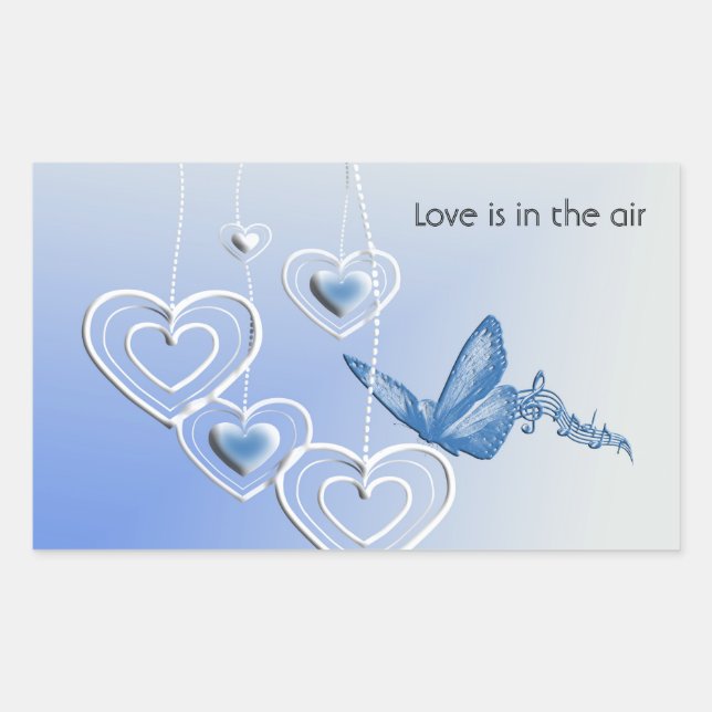 En fjäril och hjärtan rektangulärt klistermärke (Framsida)