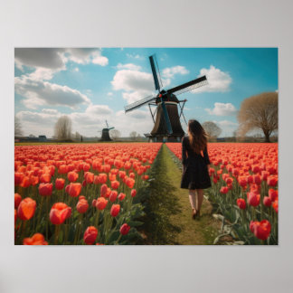 En flicka i en tulip fält poster