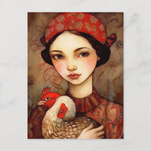 En flicka med hennes Pet Chicken Ai Art Vykort
