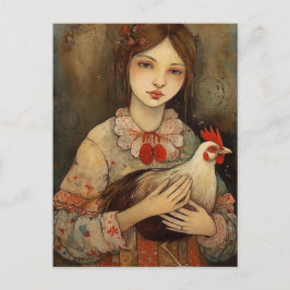 En flicka med hennes Pet Chicken Ai Art Vykort
