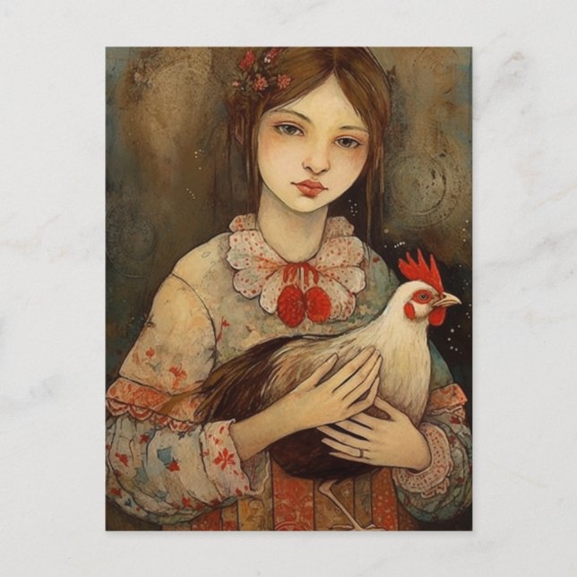 En flicka med hennes Pet Chicken Ai Art Vykort (Framsida)