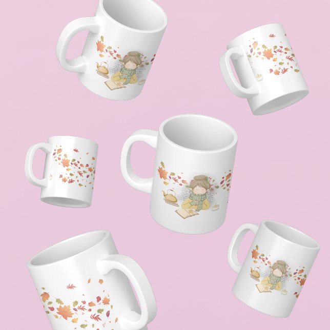 En flicka med Kopp i Tea och flygande Löv Jumbo Mugg (Skapare uppladdad)