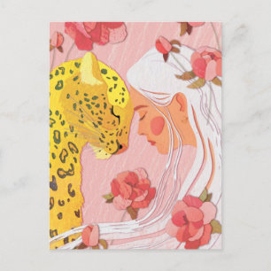en flicka med leopard vykort