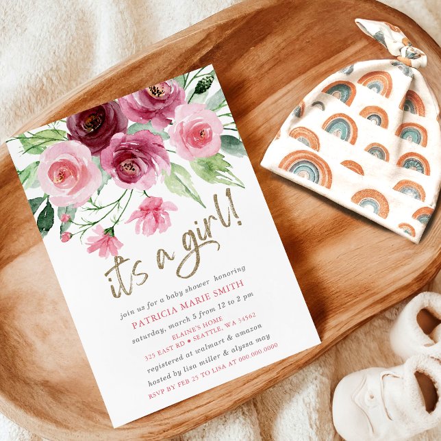 En flicka Modern Rosa Burgundy Blommigt Baby Showe Inbjudningar (Its a girl Modern Pink Burgundy Floral Baby Shower Invitation)
