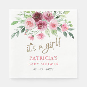 En flicka Modern Rosa Burgundy Blommigt Baby Showe Pappersservett