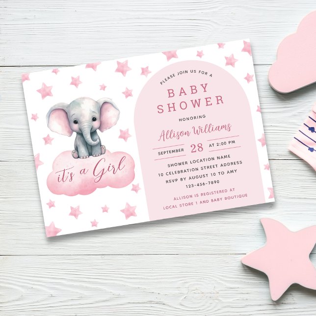 En flicka | Modern Rosa Elephant Girl Baby Shower Inbjudningar (Skapare uppladdad)