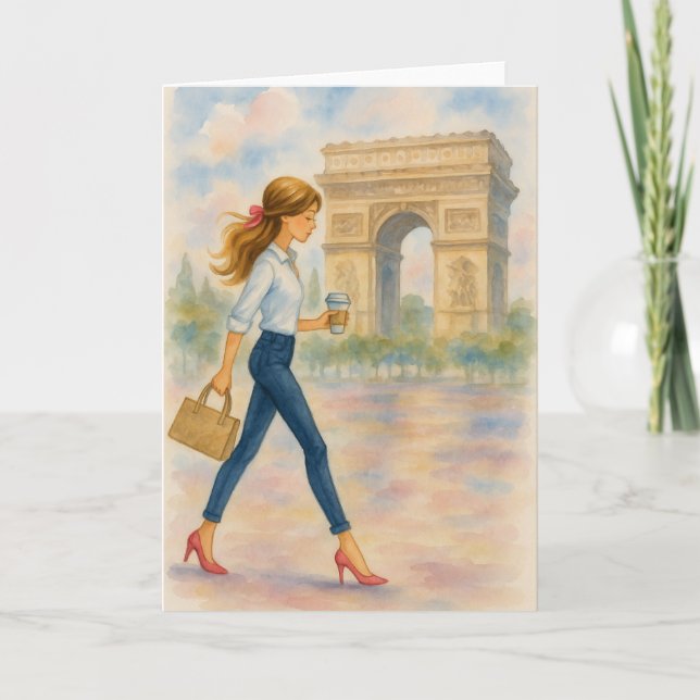 En flicka och Arc de Triomphe Scene Paris Kort (Framsida)
