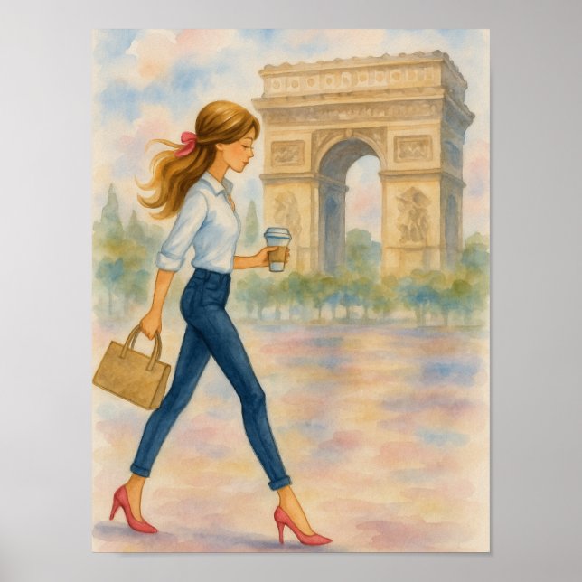 En flicka och Arc de Triomphe Scene Paris Poster (Framsidan)