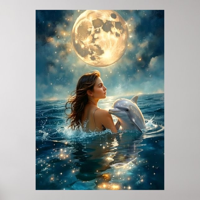 En flicka och en delfinbaby simmar i havet poster (Framsidan)