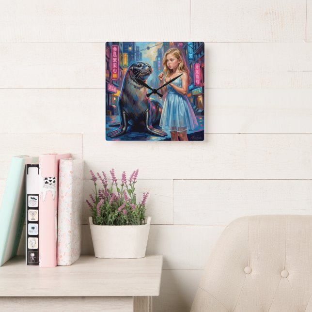 En flicka och en säl. fyrkantig klocka (Läsesal)