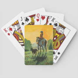 En flicka och henne häst som leker kort kortlek