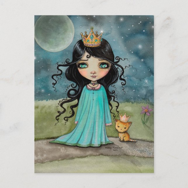 En flicka och hennes katt söta prinsessa fantasi k vykort (Framsida)