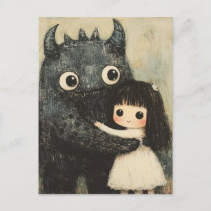 En flicka och hennes monster vän vykort