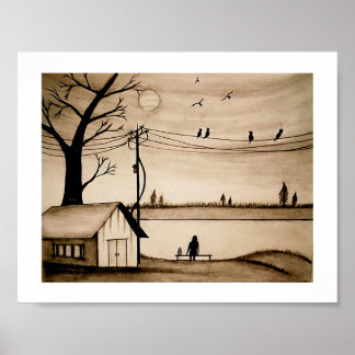 En flicka på Bench Sunset Sketching. Poster