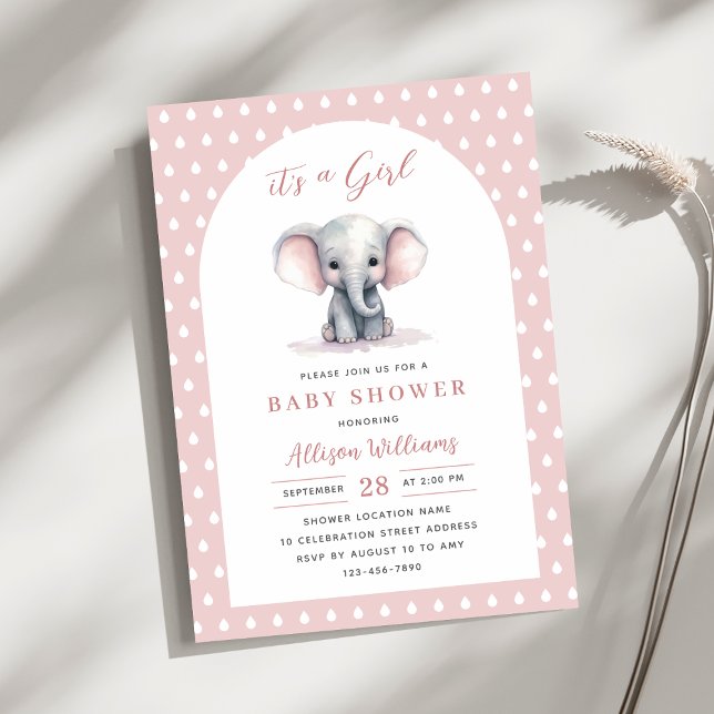 En flicka | Rosa Cute Elephant Girl Baby Shower Inbjudningar (Skapare uppladdad)