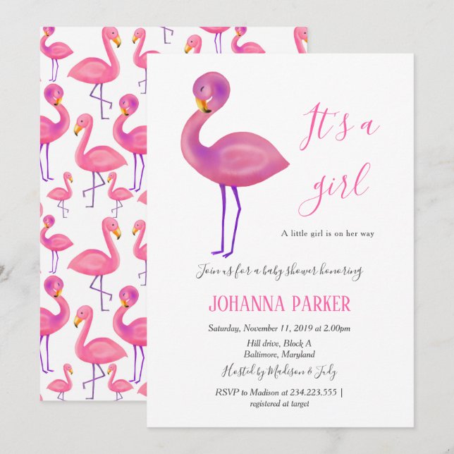 En flicka | Rosa Flamingo | Baby Shower Inbjudningar (Fram/baksida)