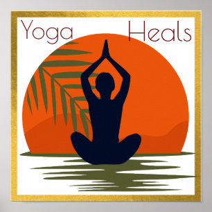 En flicka som gör yoga med solnedgång poster