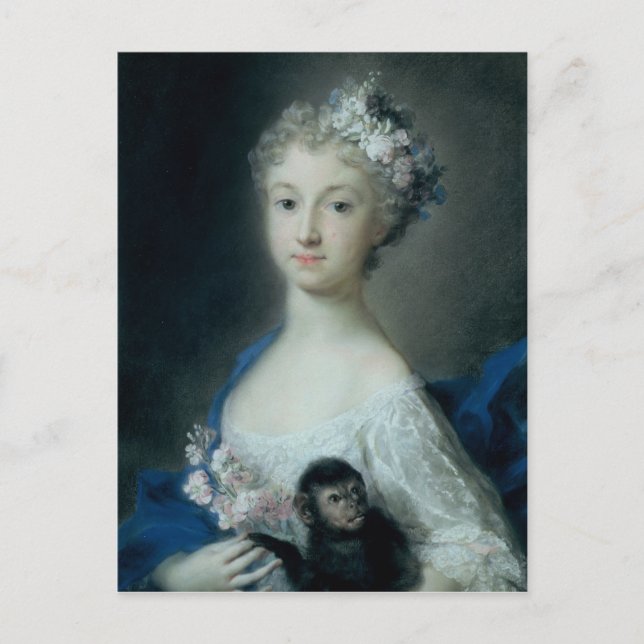 En flicka som håller en apa vykort (Framsida)