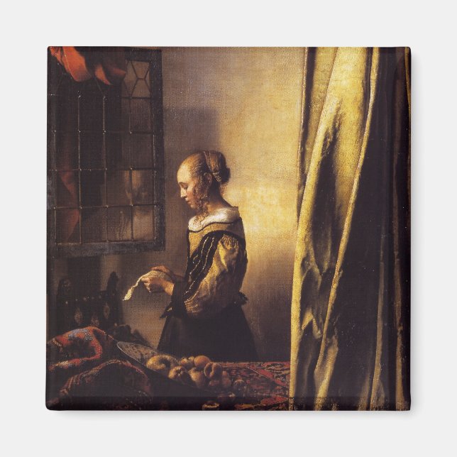 En flicka som läser en Brev vid ett öppet fönster Magnet (Framsidan)