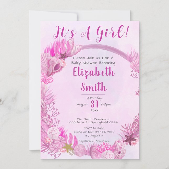 En flicka under Sea Cute Rosa Baby Shower Inbjudningar (Framsida)