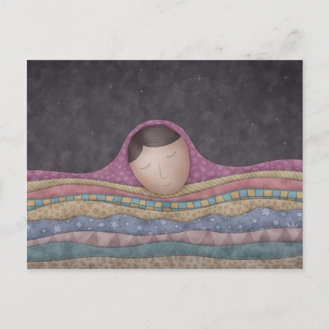 En flicka under tusen blanketter vykort (Framsida)