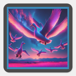 En flock av Rosa Neon Geese Hovers i Himmel Natten Fyrkantigt Klistermärke
