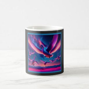 En flock av Rosa Neon Geese Hovers i Himmel Natten Kaffemugg