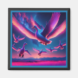 En flock av Rosa Neon Geese Hovers i Himmel Natten Magnet