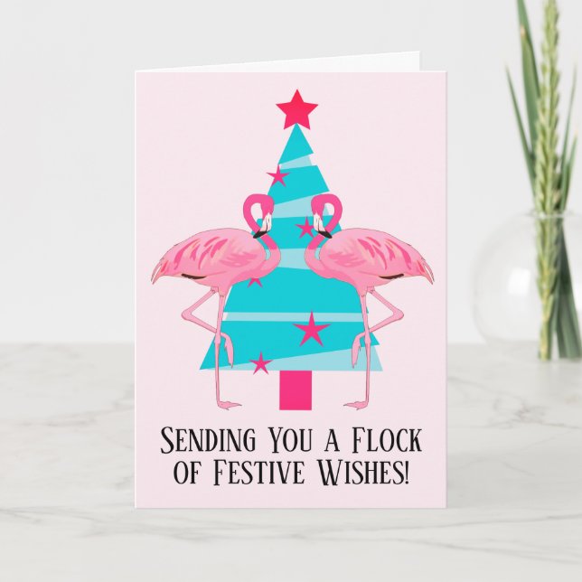 En flock med festliga önskningar julflamingos helgkort (Framsida)