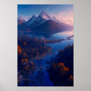 En flod som flyter in i ett sceniskt bergsområde S Poster