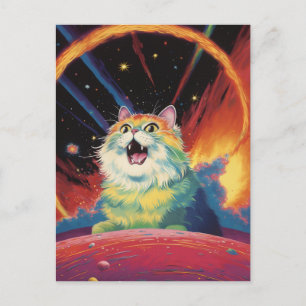En fluffig vit katt i rymden vykort