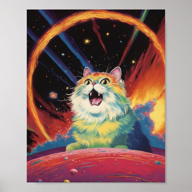 En fluffy vit katt i rymden poster (Framsidan)