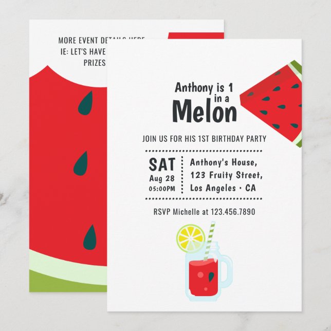 En födelsedagsfest för ettåringar med tema melon inbjudningar (Fram/baksida)