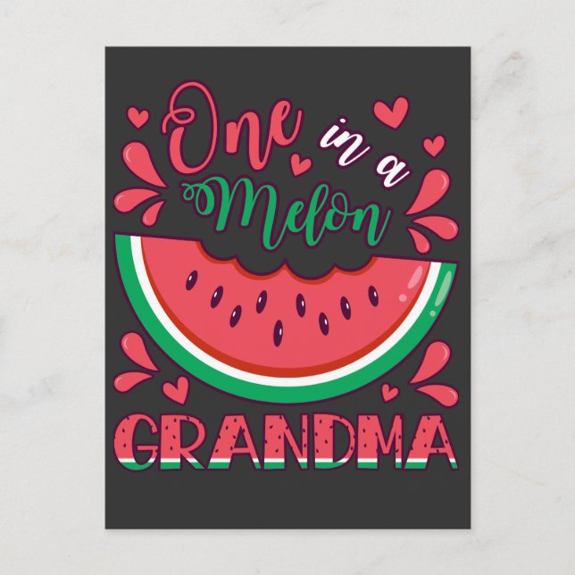 En födelsedagsfest för mormor med tema melon vykort (Framsida)