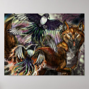 En för Sorrow Magpie och Fox Digital Illustration Poster