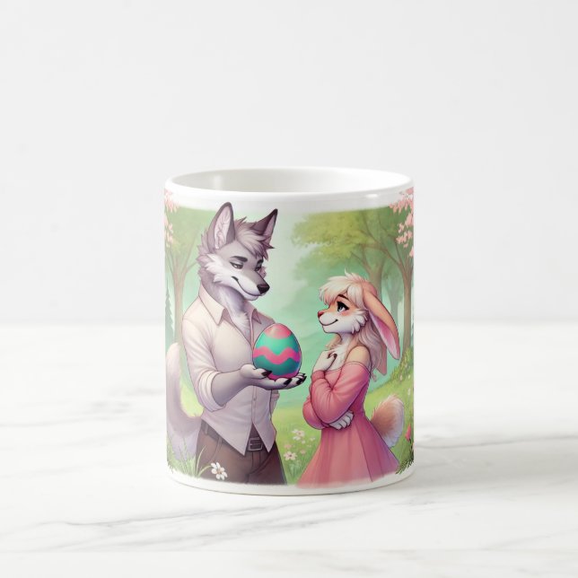 En försiktig gåva - Varg och Bunny Påsk Romantik Kaffemugg (Center)