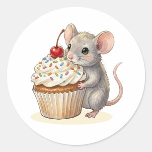 En förtjusande födelsedagsmus med cupcakes runt klistermärke