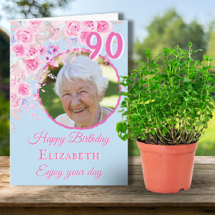En Foto Blommig 90-års Födelsedagskort Kort