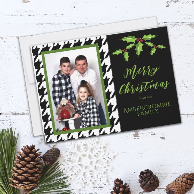 En fotosvart och vit houndstooth julkort (Black & White Houndstooth Christmas Card)