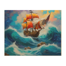 En Frakt i Pirat i en våg av Vatten Wood Wall Art