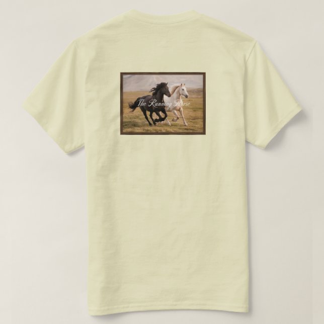 En framskjuten bild av två Running Majestic-shästa T Shirt (Design baksida)