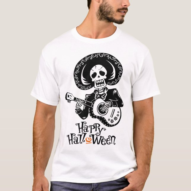 En funny Skeleton spelar Guitar, Happy halloween T Shirt (Framsida)