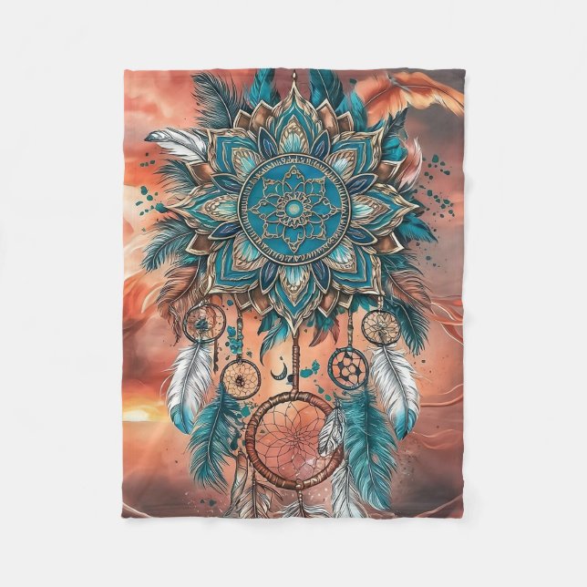 : En fusion av Mandalas, Feathers och Dreamcatcher Fleecefilt (Framsidan)