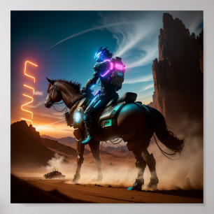En Futuristiska man riding a Horse in öknen Poster