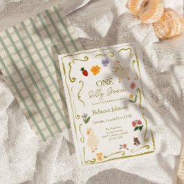 En galen gås Gingham Cottagecore Första födelsedag Inbjudningar