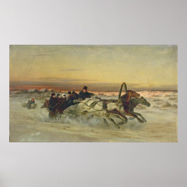 En Galloping Winter-trojka vid Dawn Poster (Framsidan)