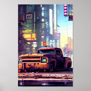 En gammal Lastbil övergiven i Cyberpunk City Poster